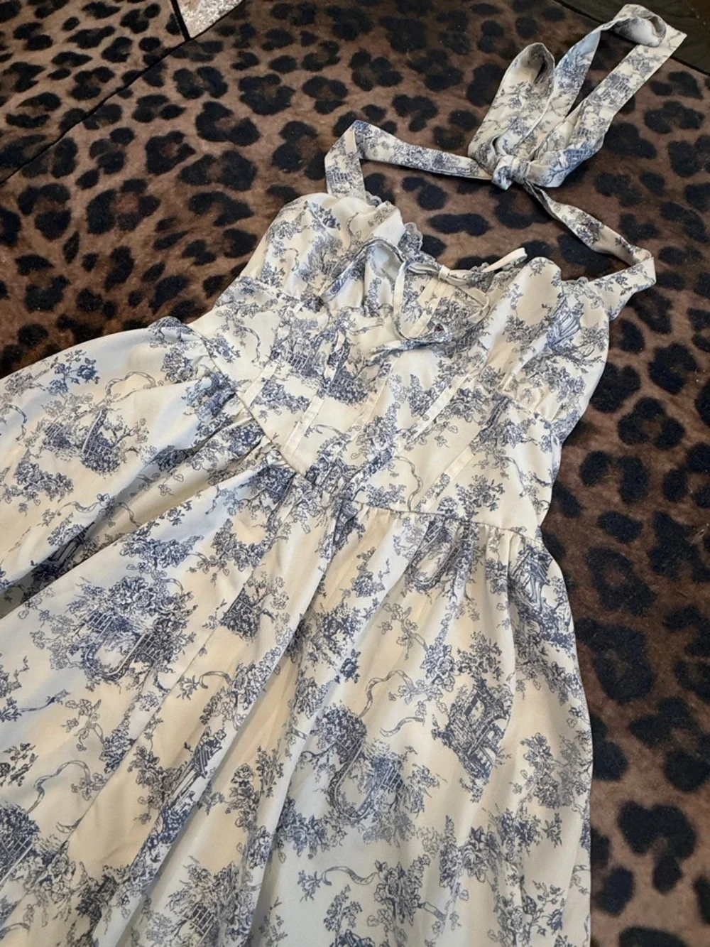 Light Cream & Blue Toile Halter Maxi Dress - Picture 5 of 6